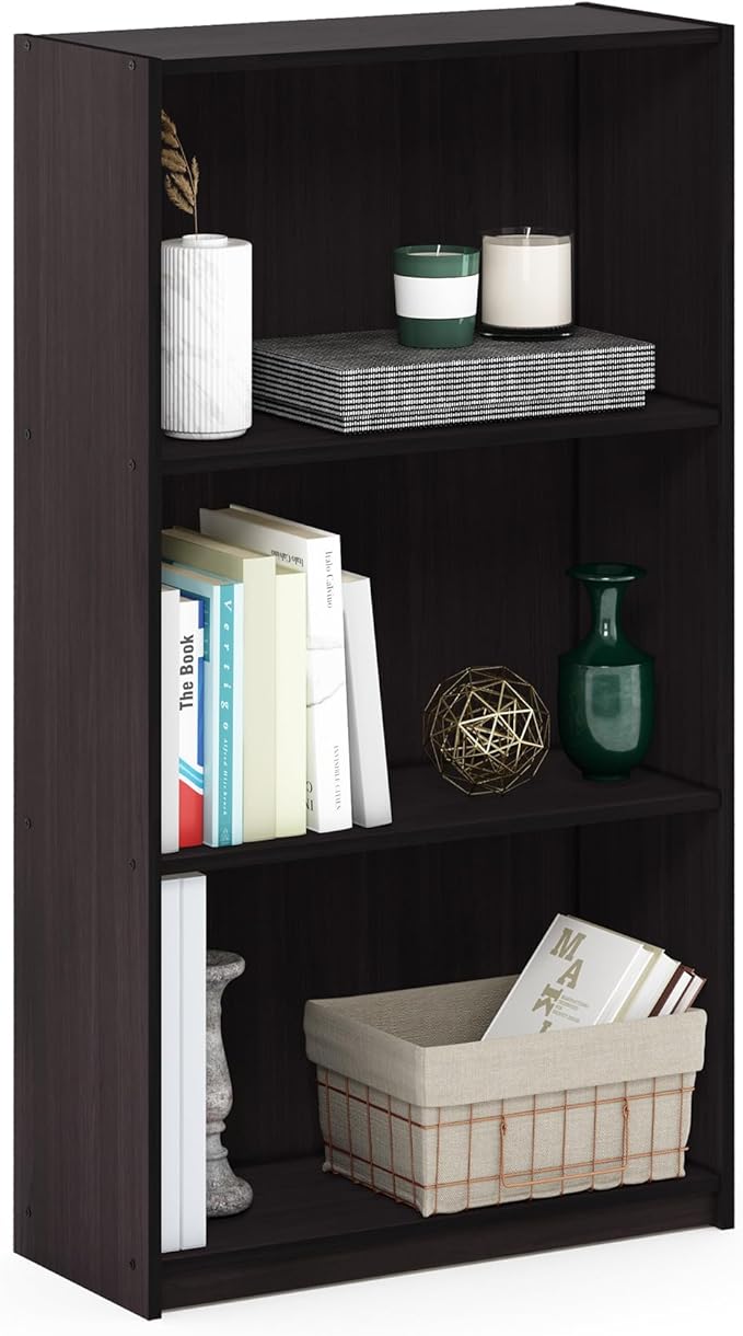 Furinno BASIC Book Shelf, 3-Tier Modern Bookshelf, Bookcase with Open Shelves, 9.3" x 21.8" x 39.5", for Living Room, Bedroom, Home Office, Dark Walnut