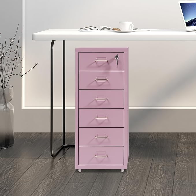 6 Tiers Vertical File Cabinet, Metal File Cabinet with Lock & Wheels for Files, Documents, Freestanding Filing Cabinet for Office Home, Multiple Colors Available (Purple)