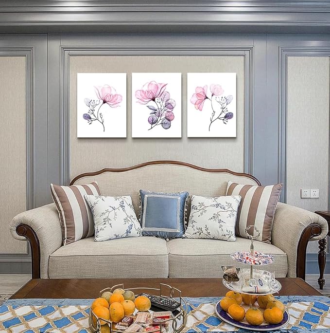 Modern Pink Flowers Canvas Wall Art For Bedroom Living Room,Bathroom Wall Decor,3 Panels Wall Painting Home Decoration Kitchen Canvas Print Abstract Watercolor Flowers And Leaves Artwork Wall Mural