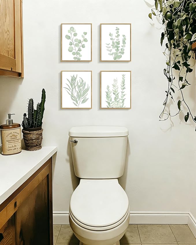 Drsoum Framed Botanical Plant Canvas Wood Wall Art Light Green Sage Wall Decor Eucalyptus Leaf Picture for Bedroom Living Room Bathroom Office 8”x 10” x 4pcs