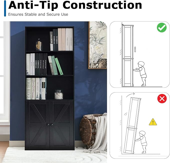 Bookshelves and Bookcases with Barn Doors Set of 2, Farmhouse Bookshelf with Display Shelves, Floor Standing 5-Tier Book Shelf with Storage Cabinet for Home Office, Living Room, Bedroom