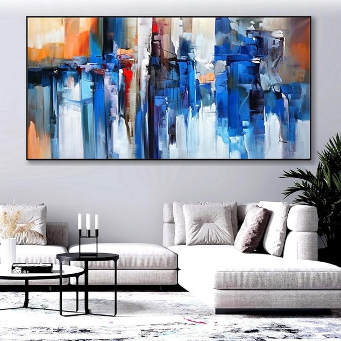 ZHMANLUCK Blue Abstract Wall Art Extra Large Painting Artwork for Office Wall Decor Home Decoration Stretched and Framed Ready to Hang 85x170cm/(34x68inch) with-Black-Frame