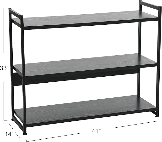 Household Essentials Jamestown Wide 3 Shelf Open Storage Bookshelf Black Oak Wood Grain and Black Metal