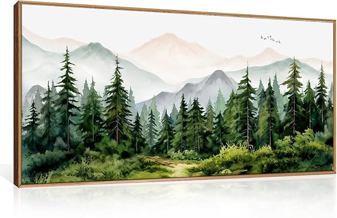 Green Forest Tree Mountain Range Framed Canvas Wall Art, Watercolor Nature Wall Decor, Woodland Nursery Wall Painting, Modern Wilderness Art Print for Living Room, Bedroom, Office 40"x20"