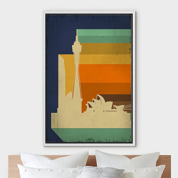 IDEA4WALL Framed Canvas Print Wall Art Retro Vintage Sydney Australia Cultural Building Illustrations Modern Art Contemporary Scenic Warm for Living Room, Bedroom, Office - 24"x36" WHITE