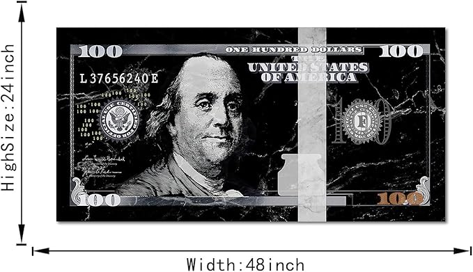 Extra Large Size Benjamin Franklin 100 Dollar Wall Art for Large Home Office Wall Decorations Inspirational Gifts for Men Black and White 100 USD Money Artwork Gallery Wrapped Easy to Hang-48"Wx24"H