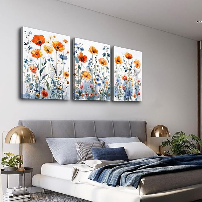TTHYUEWS Boho Wall Art for Living Room & Bedroom - Modern Wall Decorations - 3 Piece Set - Flowers Watercolour Paintings & Posters - Home Decor