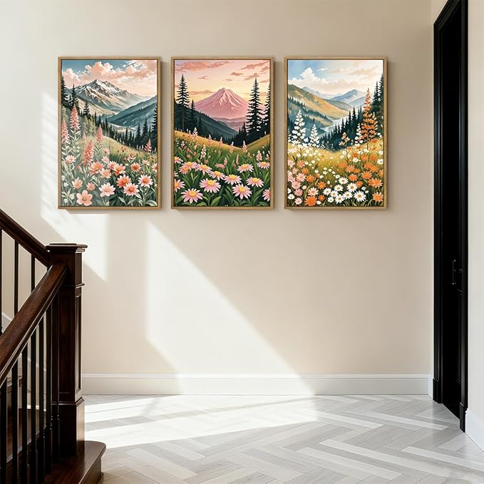 ANHUIB Extra Large Wildflower Wall Art Boho Wildflower Wall Decor 24x36 Inch Colorful Mountain Wall Art Set of 3 for Living Room Bedroom Dining Room