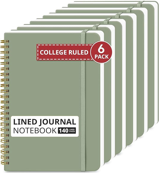 Taja Lined Spiral Journal Notebook for Women & Men, 140 Pages, College Ruled Hardcover Notebook for Work & Note Taking, Journals for Writing, A5(5.7" x 7.9") -Green, 6 Pack