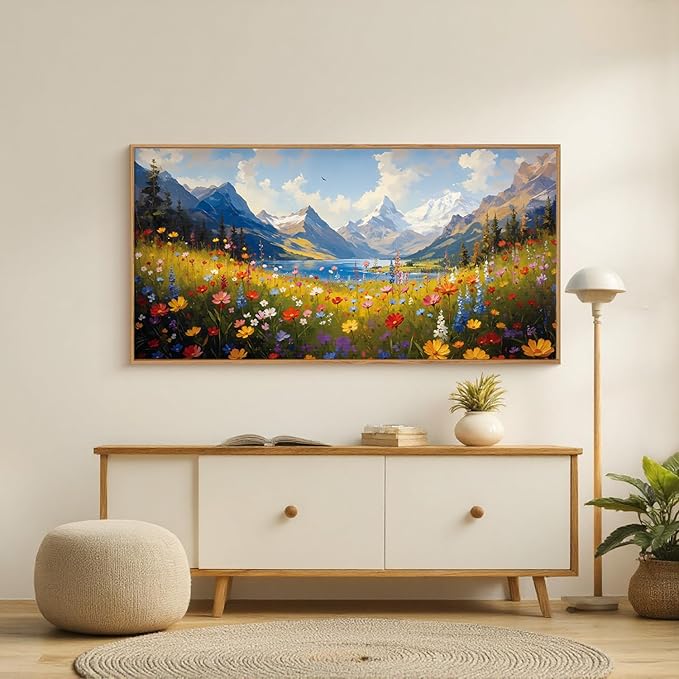 HOURIA Spring Boho Vibrant Watercolor Wildflower & Snowy Mountain Framed Canvas Wall Art Set,Colorful Floral Landscape Decor,Modern Natural Field Scenery Artwork for Living Room,Bedroom,Farmhouse- 20"×40"×1