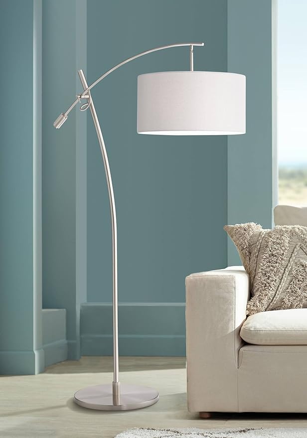 Possini Euro Design Modern Standing Arc Floor Lamp Adjustable Boom Arm 69" Tall Brushed Nickel Off White Linen Fabric Drum Shade Decor for Living Room Reading House Bedroom Home