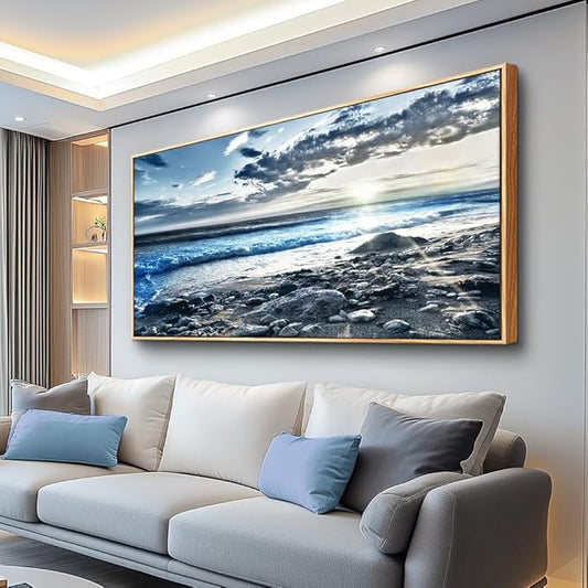 Lapremoly Blue Beach Sun Ocean Landscape Painting Large Wall Art For Living Room Wood Framed Wall Decor For Bedroom Modern Office Decor Canvas Prints Artwork Seascape Hang Pictures Home Decoration