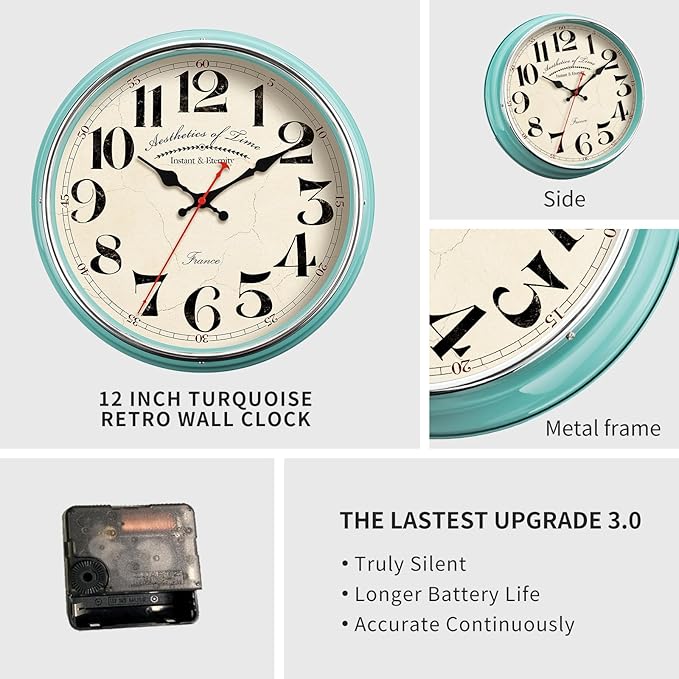 Countryside Wall Clock Metal 12.4" Vintage Retro Wall Clocks Silent Non Ticking Easy to Read for Living Room, Kitchen, Bedroom, Office, Bar(12.4" Turquoise)