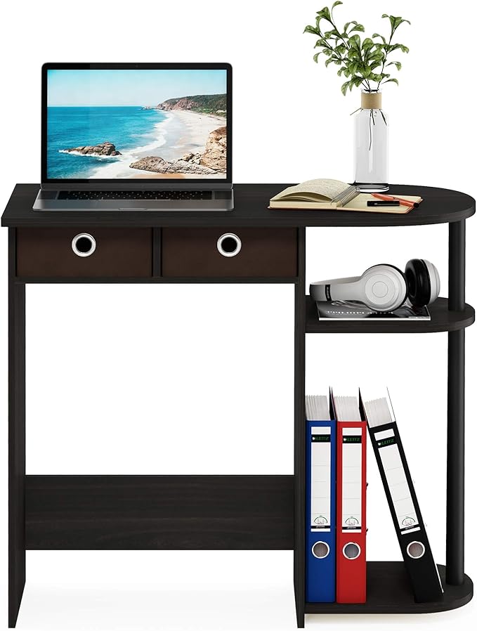 Furinno GO GREEN Desk, 31.5" Wide Gaming Desk with 2 Side Shelves and Storage Bins, Computer Desk, Office Desk for Home Office, Study Room, Dorm, Bedroom, Espresso
