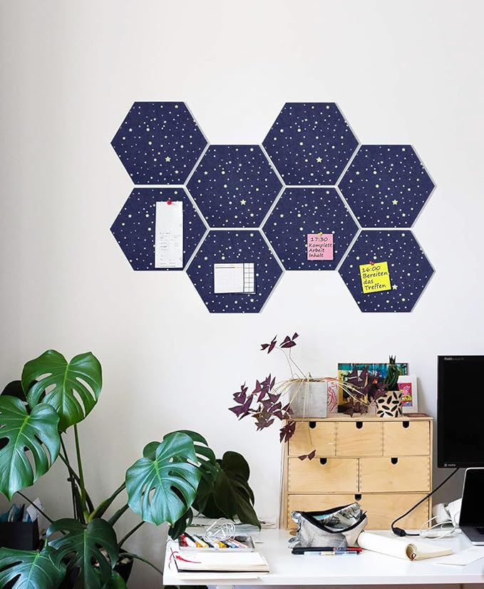 Felt Hexagon Bulletin Board with 20 Push Pins, Pack of 8 Notice Boards for Home Office Kitchen, Push Pin Board Felt Wall Tiles for Photos Memos
