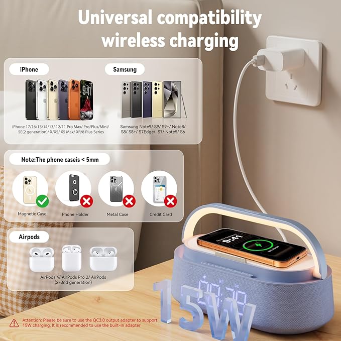 FREEFISH 6-in-1 Bluetooth Speaker with Wireless Charging, FM Radio,Bedrooms Dimmable Nights Light, Snooze Function for Home, Office, Wireless Charger Compatible iPhones 16/15/14/13/12