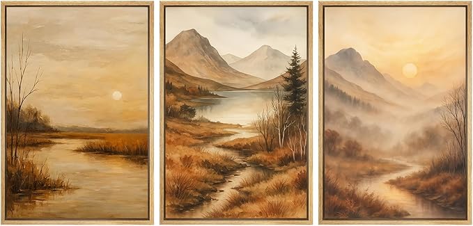 SIGNFORD Framed Wall Art Print Set Golden Hour Mountain River Serene Nature Landscape Digital Art Modern Art Contemporary for Living Room, Bedroom, Office - 16"x24"x3 Natural