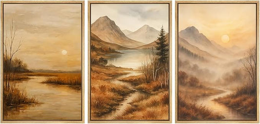 SIGNFORD Framed Wall Art Print Set Golden Hour Mountain River Serene Nature Landscape Digital Art Modern Art Contemporary for Living Room, Bedroom, Office - 16"x24"x3 Natural