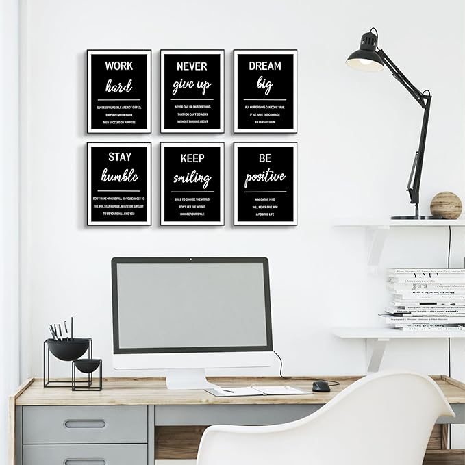 Motivational Quotes Wall Art Set,6 Piece Office Inspirational Wall Decor,Black and White Positive Quotes Canvas Prints,Work Hard,Never Give Up Painting for Office Bedroom Living Room 8x10in Posters
