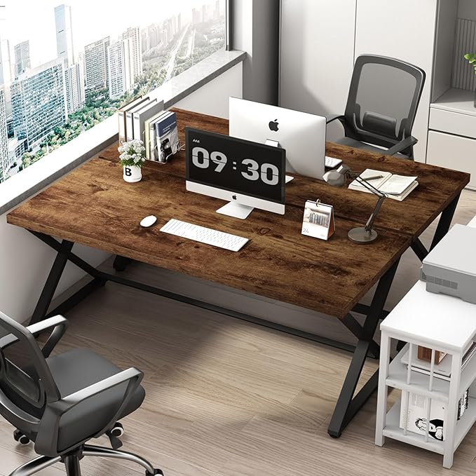 IBF Rustic Computer Desk, Farmhouse 60 inch Home Office Desk, Industrial Wood Metal Work Desk for Writing Study, Vintage Minimalist Executive Workstation PC Gaming Table in Bedroom, Rustic Brown