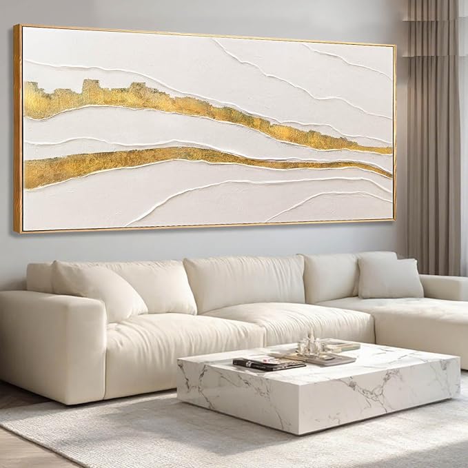 VAYIMDH White and Gold Oil Painting Wall Art Abstract Wall Decor Line Hanging Art 32"x70" Large Artwork for Living Room Decorative Pictures for Office