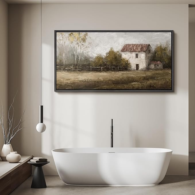 SIGNFORD Extra Large Framed Canvas Rustic Countryside House Landscape Illustrations Modern Art Calm Warm for Living Room, Bedroom, Office - 60"x30"