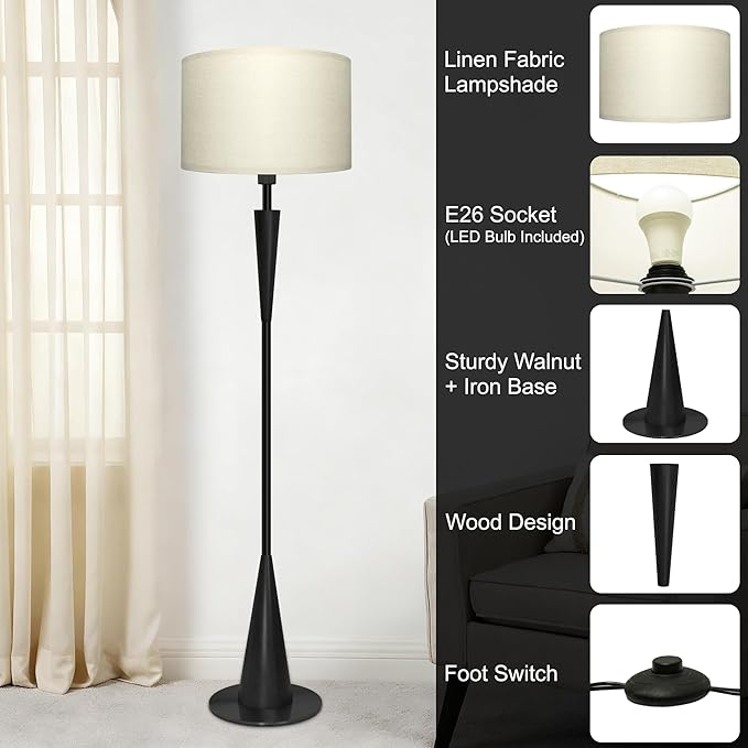 Floor Lamp for Living Room, Wood 3 Color Temperatures & Linen Shade, Modern Reading Standing Lamp with 9W LED Bulb, Mid Century Night Light for Farmhouse, Bedroom, Office, Black