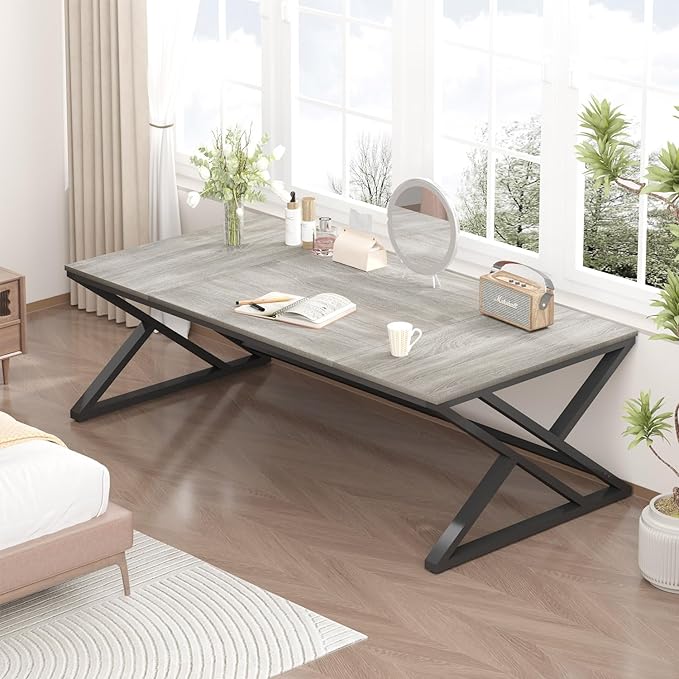 HSH 70.8 Modern Office Desk, Large Long Wood Metal Computer Desk, Industrial Double Executive Desks for Two People, Rustic PC Workstation Work Study Writing Computer Table for Home, Light Grey Oak