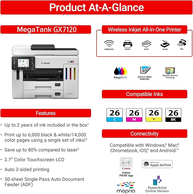 Canon Megatank GX6120 Wireless All-in-One Printer, Print, Scan and Copy, with 2.7" LCD Touch Screen and Auto Document Feeder, White