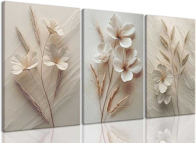 TUEASKY 3 Piece Canvas Wall Art Flower Wall Decor Beige Pictures Botanical Paintings Floral Prints Artwork for Living Room Bedroom