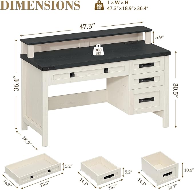Farmhouse Computer Desk with Drawers, 47" Small Computer Desk with Power Outlets, Home Office Desk with Monitor Stand & 4 Drawers, Writing Study Table, Black & White