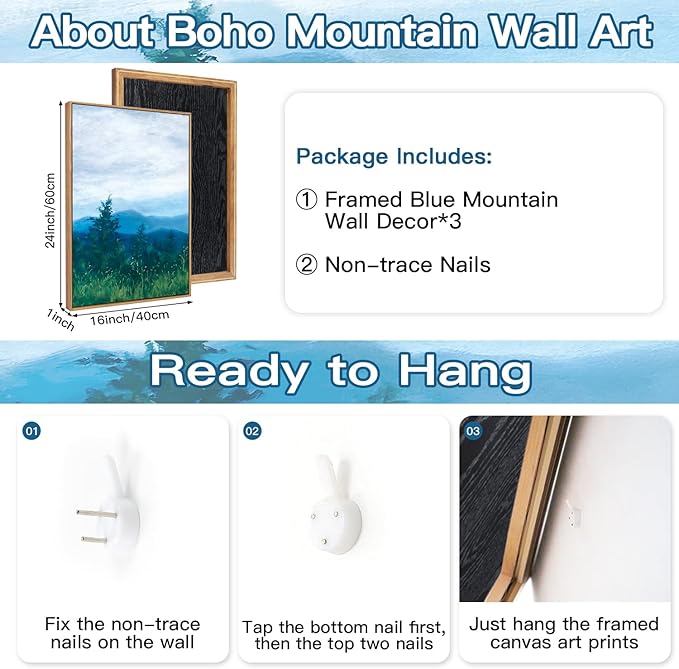 CHDITB Boho Blue Mountain Framed Wall Art Paintings(16"x24"), 3 Panels Blue White Sky Ridge Virginia Landscape Watercolor Canvas Artwork Printings, Large Modern Cloud Trees Nature Posters for Bedroom Living Room