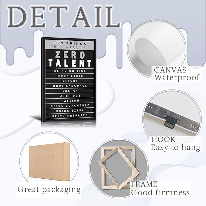 YOUHONG Motivational Wall Decor Inspirational Quotes Wall Art 10 Things That Require Zero Talent Motivational Posters Inspirational Poster Office Art with Wooden Frame for Office Decor (16x24 Inch)
