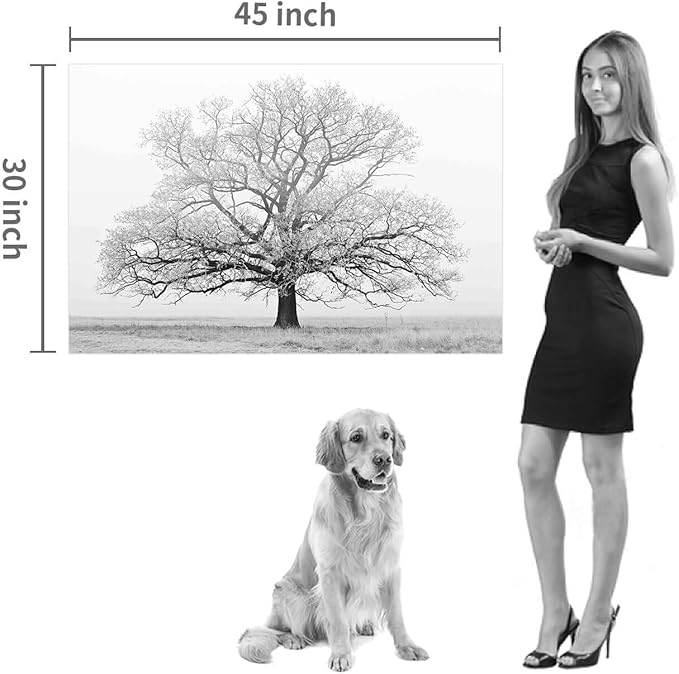 Winter Tree Canvas Wall Art: Black and White Landscape Painting Print Artwork for Living Rooms