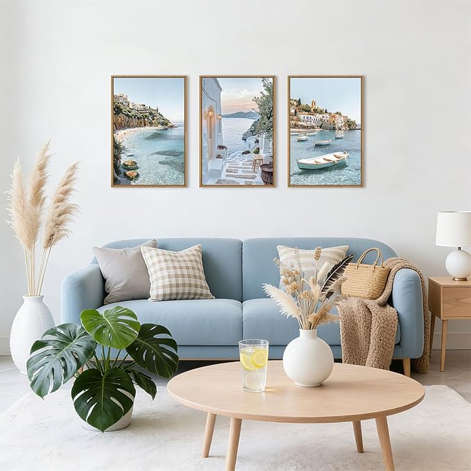 Greek Island Coastal Framed Canvas Wall Art Set,Modern Mediterranean Whitewashed Architecture Scenery Wall Decor,Natural Blue Beach Boat Landscape Artwork for Living Room,Farmhouse- 24"x36"x3