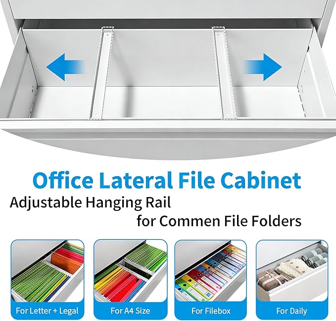 3 Drawer Lateral File Cabinet with Lock, Metal Lateral Filing Cabinet for Home Office, Steel Wide Horizontal Filing Cabinets for Letter/Legal/A4/F4 Hanging Files (White)