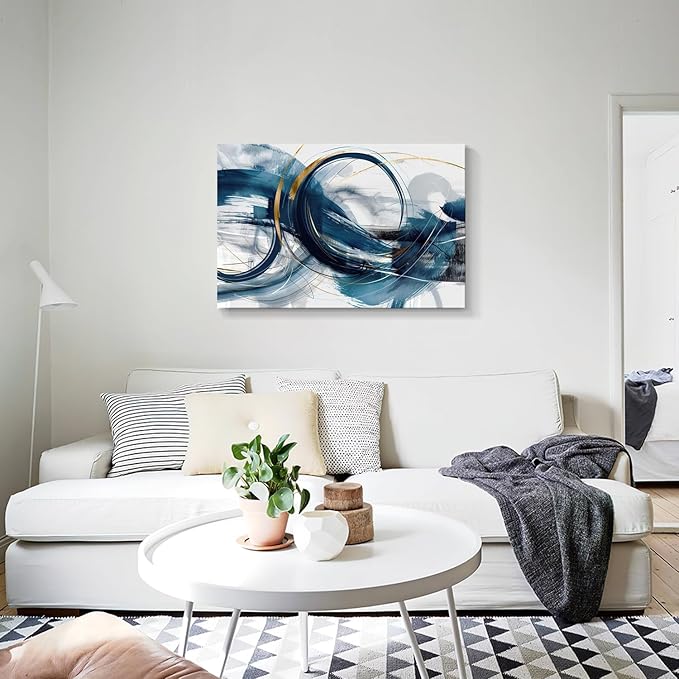 gaosoul Modern Abstract Canvas Wall Art Dynamic Blue Gold Lines Doodled on White Background Paintings Framed Minimalism Artwork Prints for Living Room Bedroom Office Decor 36x24in