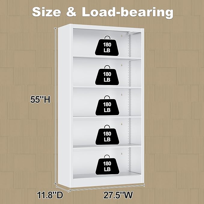 Bookcase, 5 Shelf Bookcases for Books, Garage Kit, CDs, Toys, Bookshelves and Bookcases for Home Office Library Living Room, Metal Book Case with Adjustable Shelves