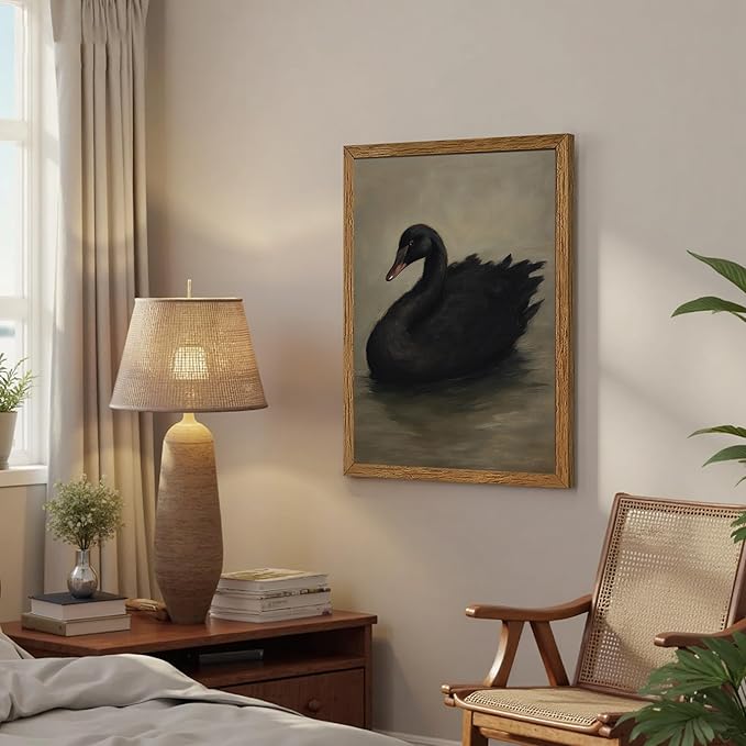 AVECCO Framed Vintage Gothic Black Swan Canvas Wall Art, Rustic Farmhouse Wall Decor, Unique Animal Art Prints for Kid's Room Bathroom Bedroom Living Room Office Home Decoration Ready to Hang 16x24 In