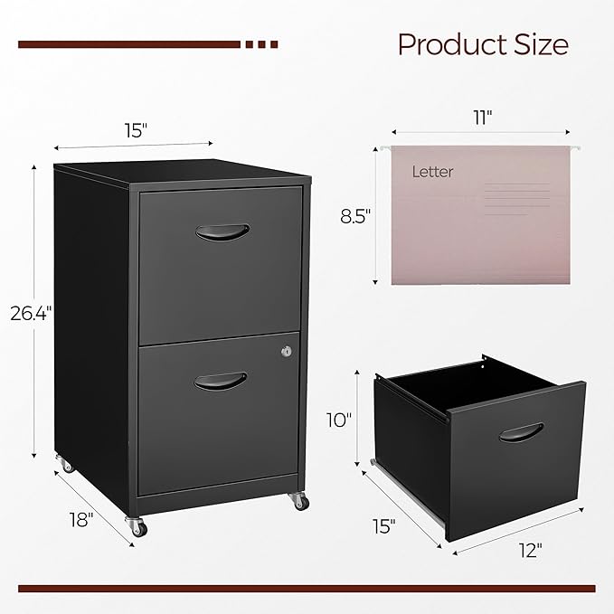 2 Drawer Mobile File Cabinet with Lock, Black Metal Filing Cabinets with Wheels, Vertical Rolling File Cabinet Fit Hanging Files, Letter and A4 Documents