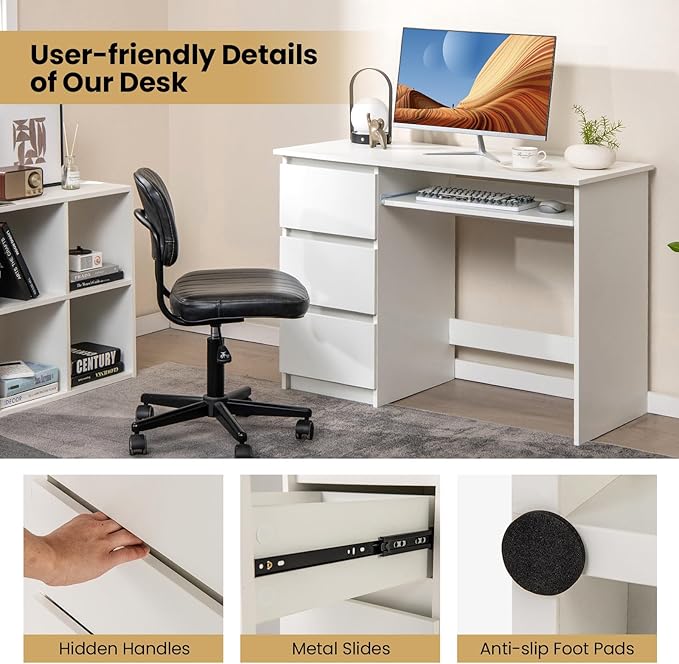 Tangkula White Desk with 3 Storage Drawers & Built-in Charging Station, Home Office Desk with Keyboard Tray, PC Desk Study Writing Table, Vanity Table for Bedroom, Computer Workstation (White)