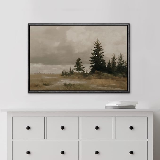 MUDECOR Framed Canvas Print Wall Art Tranquil Landscape with Evergreen Trees Muted Earth Tones Illustrations Minimalism Decorative Relax Colorful for Living Room, Bedroom, Office - 24"x36" BLACK