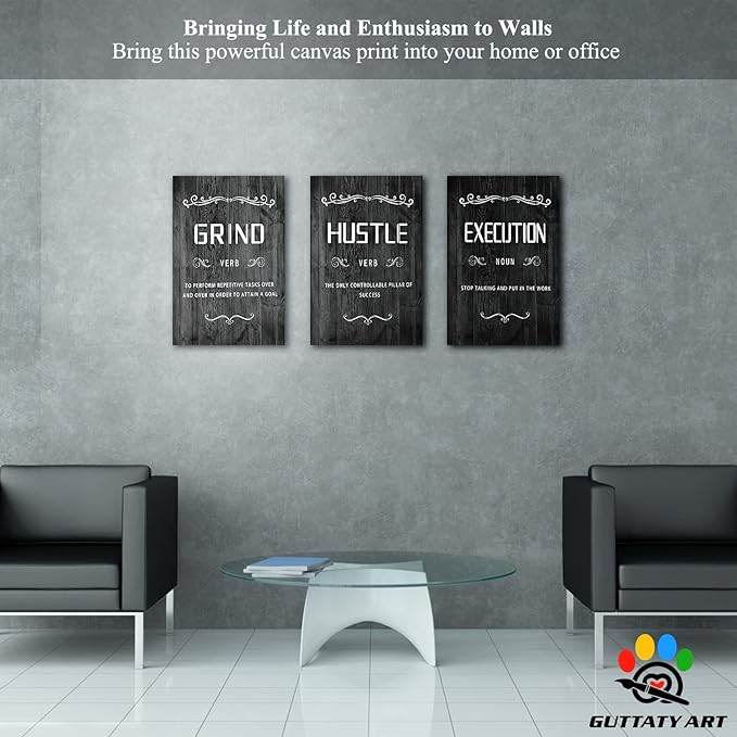 Office Wall Art - 3 Panel Motivational Wall Art, Inspirational Quotes Canvas Art for Home Office Wall Decor, Positive Quotes Wall Decor, Entrepreneur Grind Hustle Execution Poster Frame (16”x24”x3Pcs)