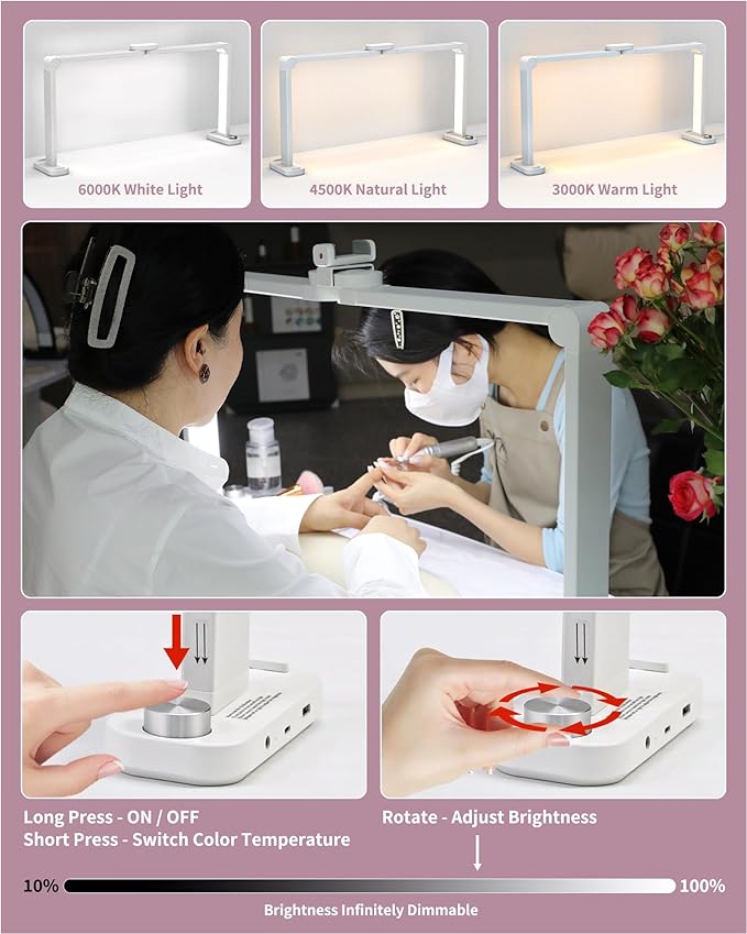 Nail Desk Lamp for Nail Tech, Foldable 34in 48W Half Moon Light with Phone Holder and USB Charging Port, 3 Color Temperature Dimmable LED Desk Light (White)