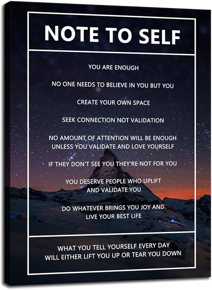 Note to Self Motivational Canvas Wall Art Snow Mountain Starry Sky Inspirational Poster Inspiring Canvas Painting Prints Wall Pictures for Home Decor Living Room Office Framed Artwork [18''W x 24''H]