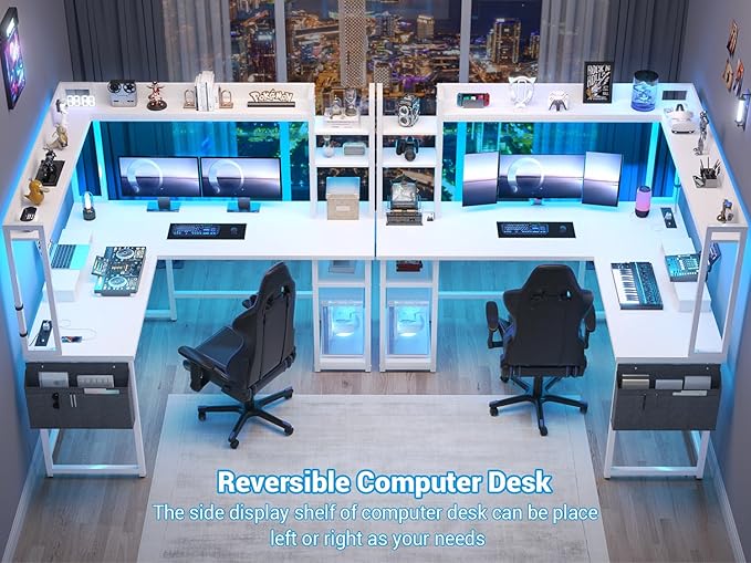 Aheaplus L Shaped Gaming Desk, Reversible L Shaped Desk with Power Outlet and Led Lights, Gaming Desk Corner Computer Desk with Hutch, Monitor Stand and Storage Bag for Home Office, White