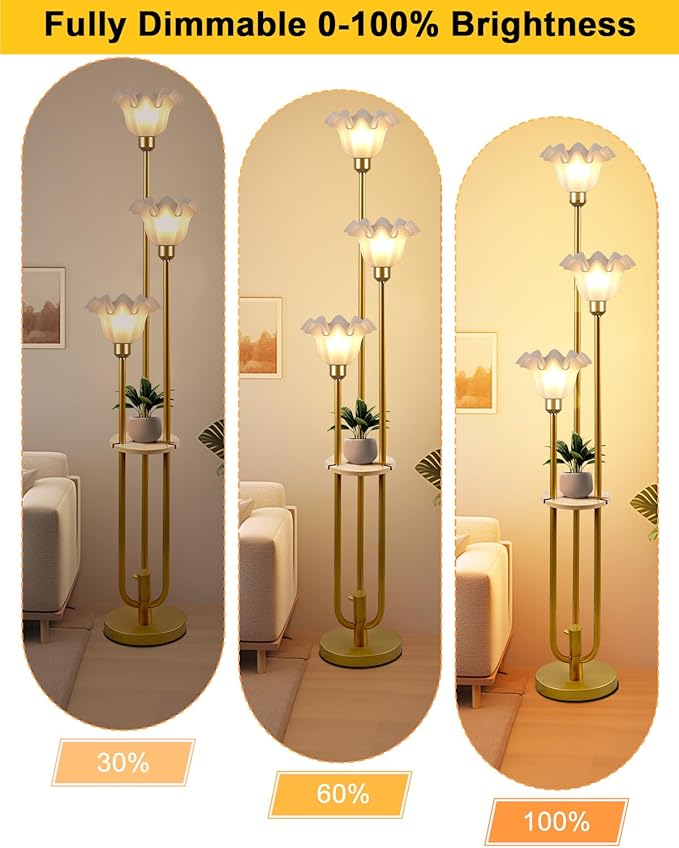 Flower Floor Lamp for Living Room, Dimmable Vintage Floor Lamp with Shelf & LED Bulbs, 3 Light 3000K Soft Warmwhite Mid Century Gold Standing Lamp, Floral Tall Lamp for Bedroom