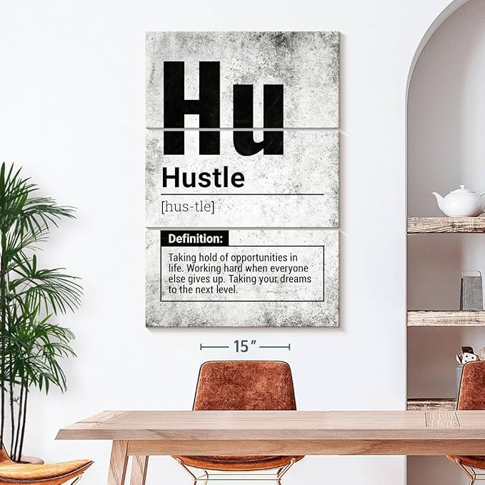 Elephant Stock - Hustle Definition Grunge Wall Art - Vertical Multi Panel Canvas - 3 Piece Living Room Wall Decor - Digital Art Inspirational And Typography Multi Piece Wall Art - Black And Gray Decor - 32" x 50"