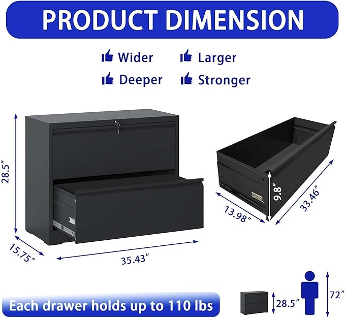 Lateral File Cabinet 2 Drawer, Black Filing Cabinet with Lock, Lockable File Cabinet for Home Office, Locking Metal File Cabinet for Legal/Letter/A4/F4 Size
