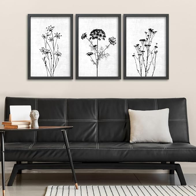 TQianJiang Flower Plant Wall Decor 24"x16" Black And White Botanical Painting Wood Framed Set of 3 Bedroom Office Abstract Wildflower Sign Hanging Art (Black)